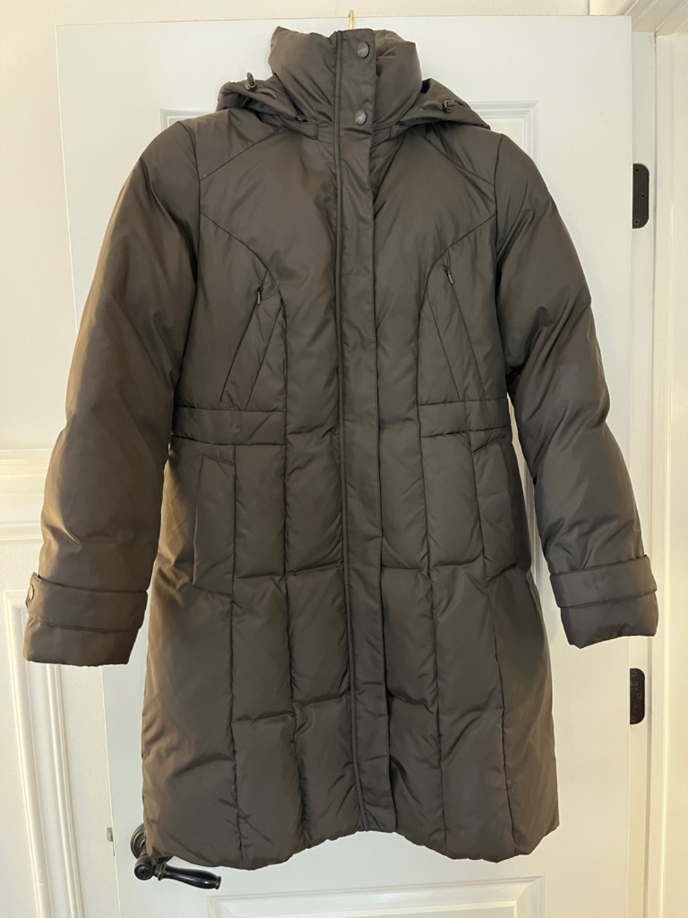 Cole Haan Long Puffer Coat in Dark Brown